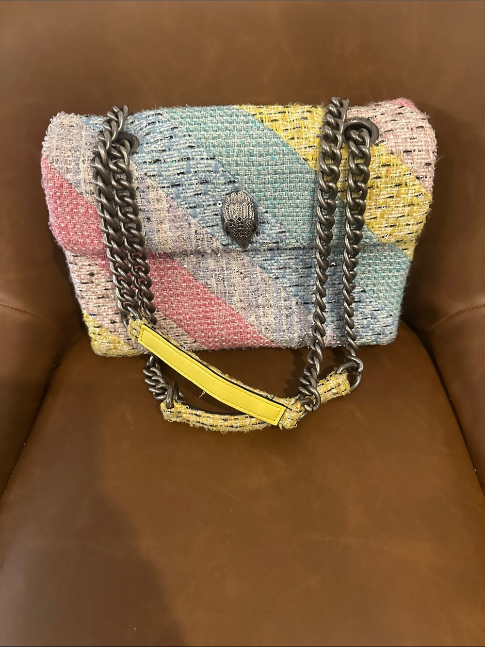 Kurt Geiger Pastel Tweed Diagonal Stripe Shoulder Bag with Chain
